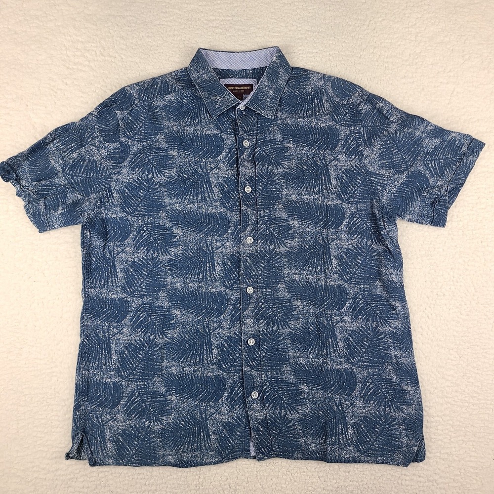 Johnston Murphy Dress Shirt‎ Mens Large Blue Geometric Linen Hawaiian Button Up